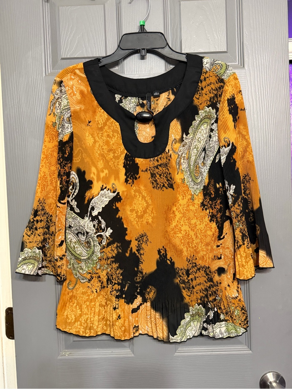 Essentials by Milano‎ Mustard and Black Paisley Keyhole Blouse